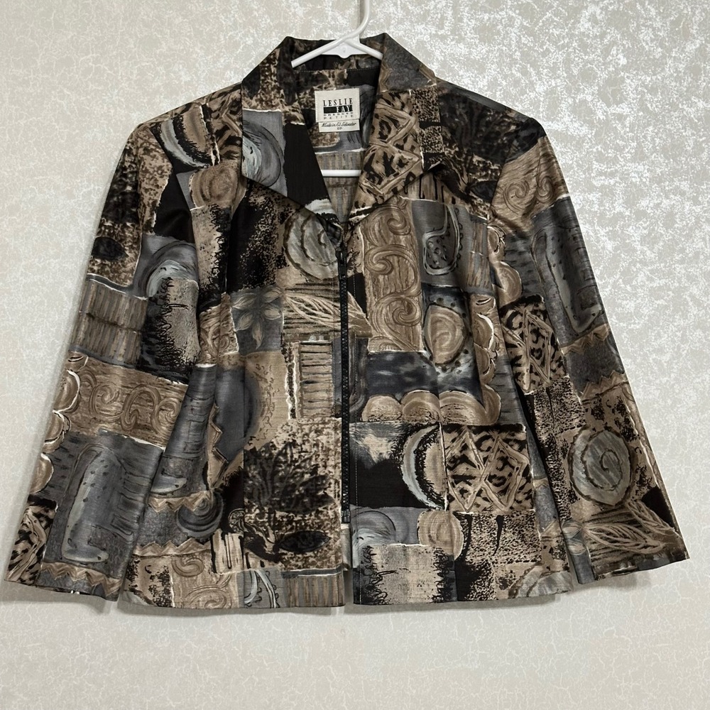 Leslie Fay Abstract Patchwork Zip Front‎ Jacket Earth Tones Neutral Artsy Y2K 8P